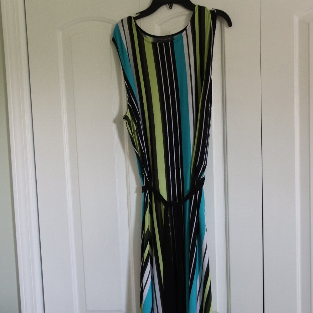 The Limited Sleeveless Belted Striped Maxi Dress Size XL Asymmetric Hem
